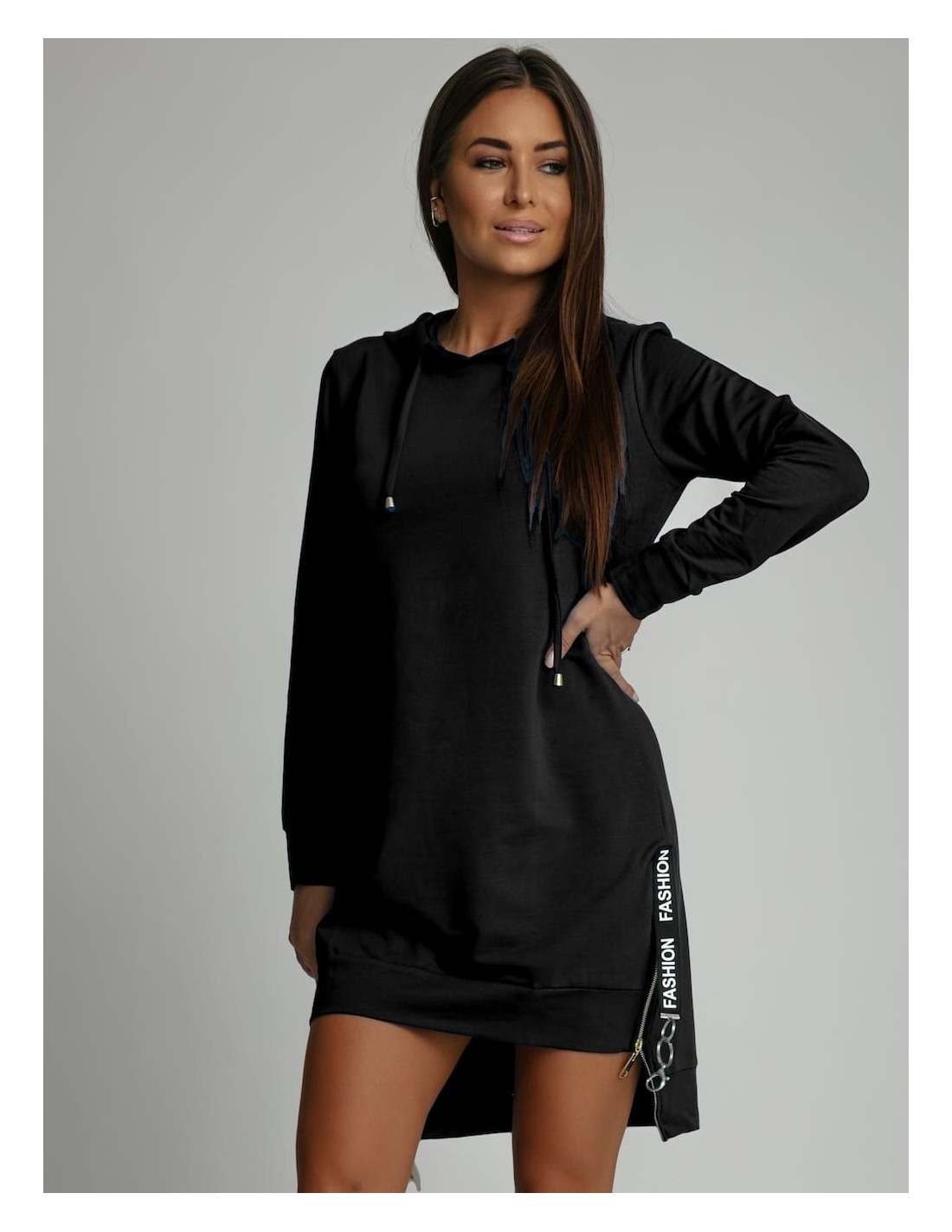 Black asymmetrical dress with zippers on the sides FI536 - Online store - Boutique